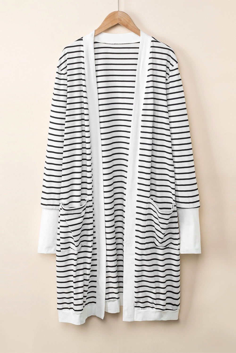 Brown Striped Side Pockets Open Front Long Cardigan