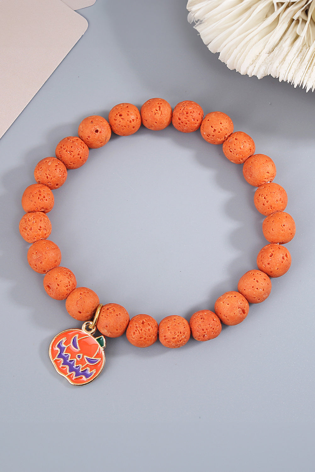 Orange Halloween Pumpkin Pendant Beaded Elastic Bracelet