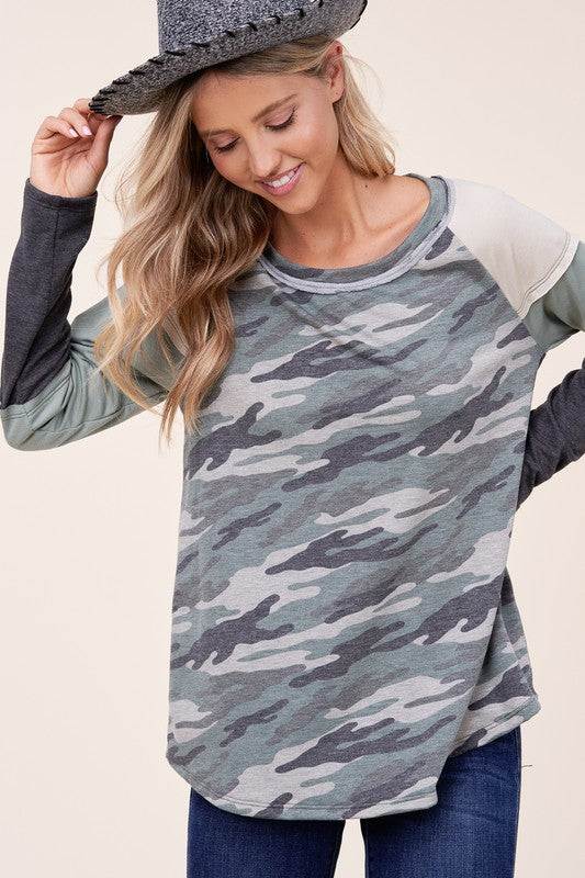 PLUS CAMOUFLAGE COLOR BLOCK TOPFRENCH TERRY CAMOUFLAGE PRINT AND SOLID COLOR BLOCKED LONG SLEEVE ROUND NECK RAW EDGE DETAIL PLUS TOP - MADE IN U.S.A
Style: Casual
Print / Pattern: CAMOUFLAGE PRINT