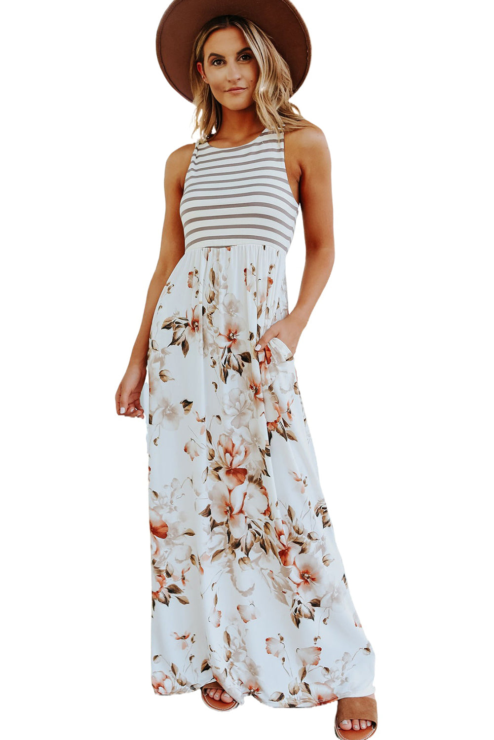 White Boho Stripes & Floral Print Floor Length Tank DressMaterial:95%POLYESTER+5%ELASTANE



		•Easy Match: This long dress goes well with sandals, high heels, a hat, or worn with a pretty necklace for a fashion look, wh